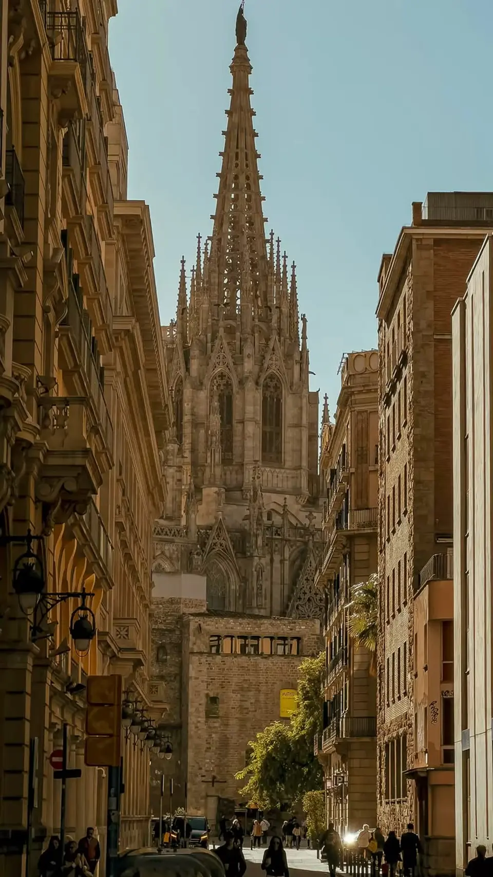 Spire of a Gothic cathedral rising between buildings with golden façades under a clear sky