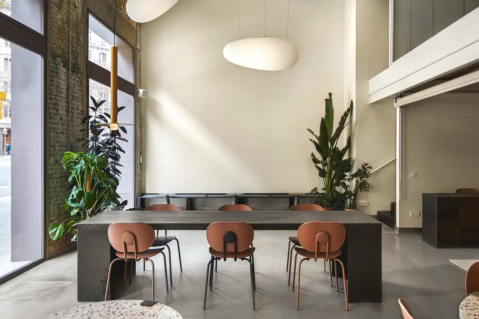 Black worktable with terracotta-coloured chairs under white oval pendant lamps, with large plants and a street-facing window